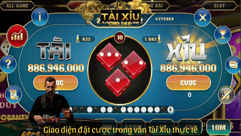 Giao diện đặt cược trong ván Tài Xỉu thực tế